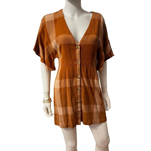 Society Amuse Burnt Orange Plaid Flannel Kimono Dress, S - Picture 2 of 5